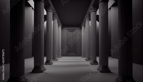 3d rendering black corridor pillars background render, Ai generated image