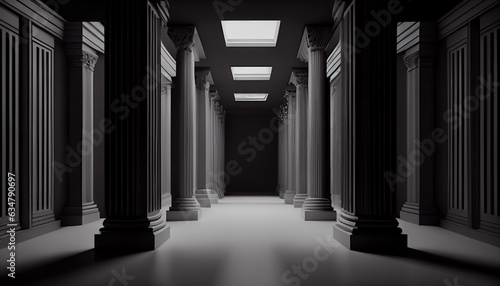 Foto 3d rendering black corridor pillars background render, Ai generated image