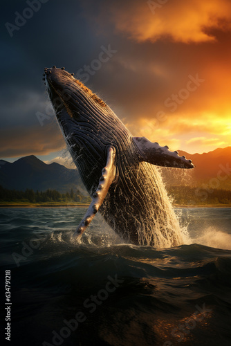 Watching nature. Massive humpback of sperm whale emerging from the deep sea waters after surfacing to breathe and jumping on the surface of the Pacific Ocean. Generative AI © Valeriia