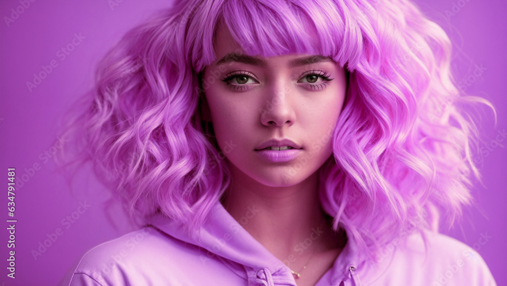 Beautiful teen girl. Stunning pink hair girl with big bouquet flowers of roses. Closeup face of young beautiful woman with a healthy clean skin. Pretty woman with bright makeup Beautiful teen girl. Stunning pink hair girl with big bouquet flowers of roses. Closeup face of young beautiful woman with a healthy clean skin. Pretty woman with bright makeup