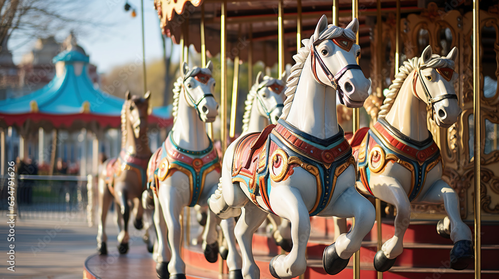 Horses Grace the Old French Carousel in the Holiday Park. Generative AI