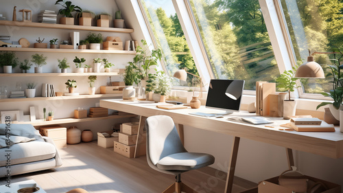 Inspiring office interior design Scandinavian style Home office featuring Natural light architecture. Generative AI © Gasspoll