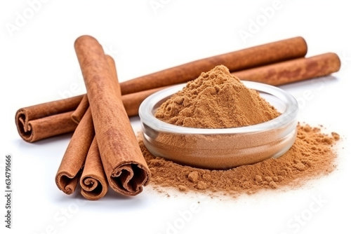 Cinnamon sticks with powder cinnamon isolated on white background .Generative Ai.