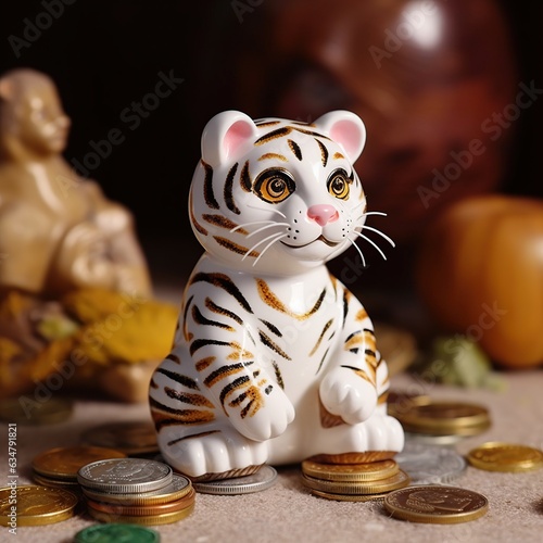 Wallpaper Mural White tiger figurine on the background of coins and ceramic statuettes Torontodigital.ca