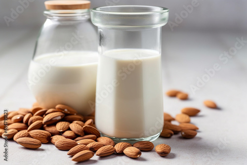 Almond milk with almond isolated on white background.Generative Ai.