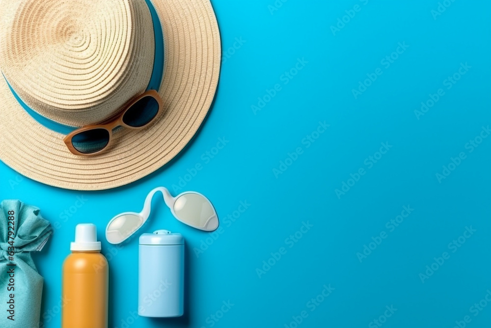 Top view Summer concept,sunscreen bottle,hat, glasses on blue background.Generative Ai. Top view Summer concept,sunscreen bottle,hat, glasses on blue background.Generative Ai.