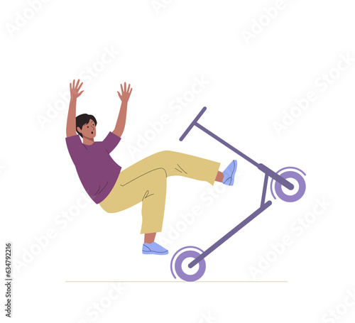 Guy falling down from electric scooter without helmet after accident on road