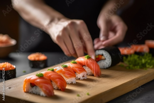 Chef preparing salmon sushi rolls on the table.Generative Ai.