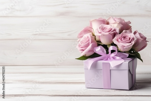 Top view pink roses and gift box on white wooden table.Generative Ai.