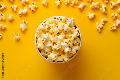 Top view popcorn on yellow background.Generative Ai.