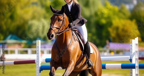 Beautiful girl on sorrel horse in jumping show, equestrian sports. Light-brown horse and girl in uniform going to jump. Generative AI