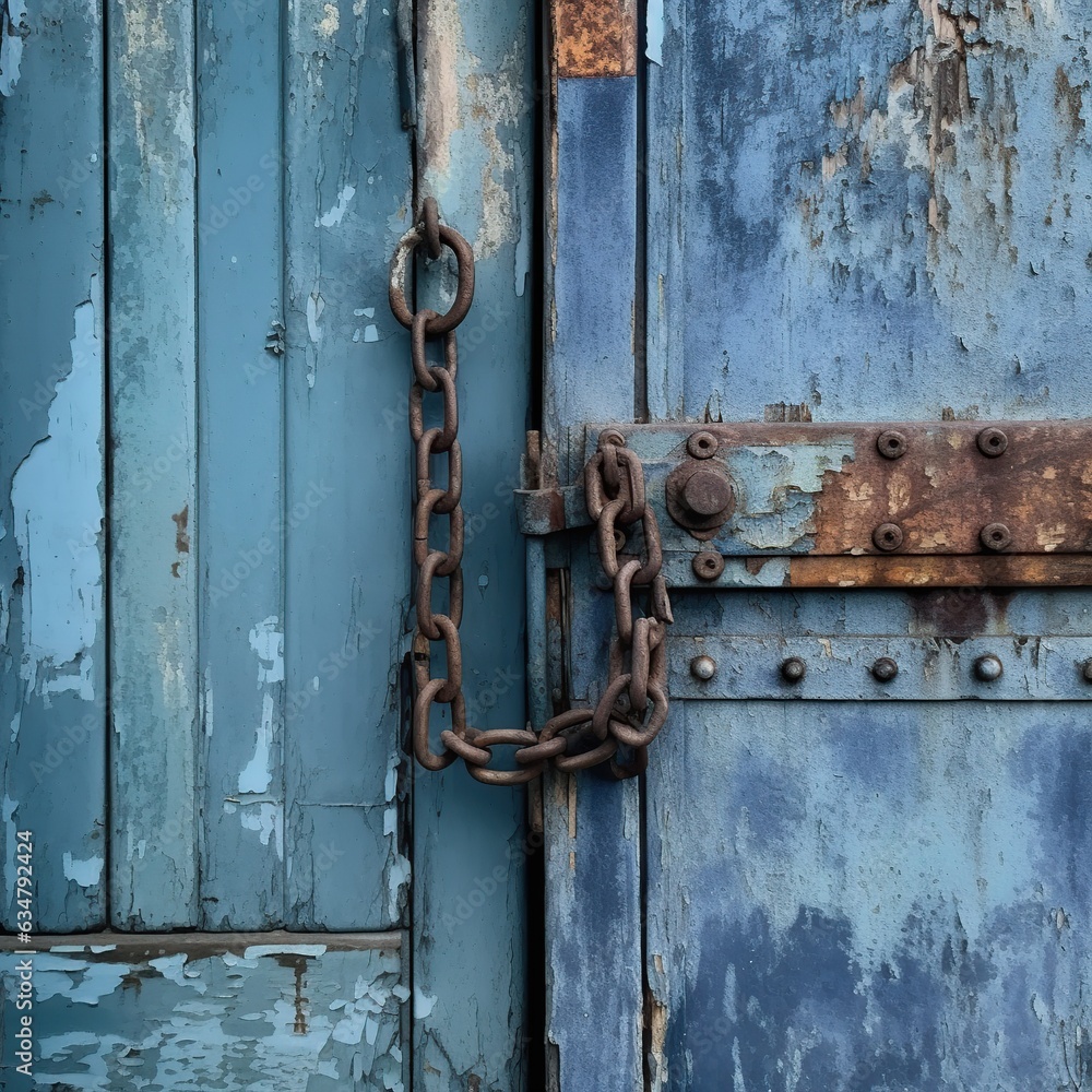 Rusty metal chain and padlock on blue wooden door background. Rusty metal chain and padlock on blue wooden door background.