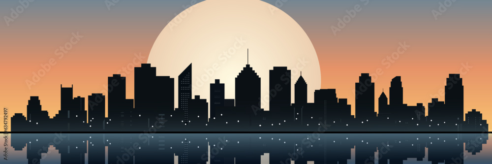 Night city. A beautiful big city. Landscape of the night city against the backdrop of the moon. Сityscape. Megapolis at night. Vector illustration, banner, poster.