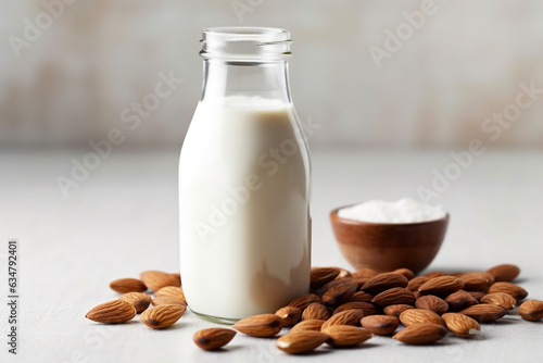 Almond milk with almond isolated on white background.Generative Ai.