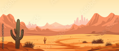 Beautiful desert landscape. Desert with cacti and plants on the background of the canyon. Landscape of Arizona. wildlife background. Wild West. vector illustration.