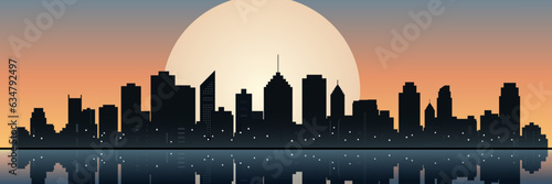 Night city. A beautiful big city. Landscape of the night city against the backdrop of the moon. Сityscape. Megapolis at night. Vector illustration, banner, poster.