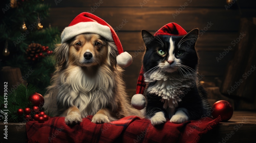 cat and dog wearing adorable Santa Claus outfits while sitting side by side next to a festively adorned fireplace cat and dog wearing adorable Santa Claus outfits while sitting side by side next to a festively adorned fireplace