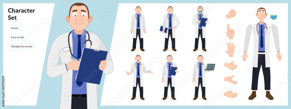 Illustration of male nhs medical doctor, wearing white outfit in a set of multiple poses. Easy to edit with editable line strokes and isolated on white background. Suitable for animation. Illustration of male nhs medical doctor, wearing white outfit in a set of multiple poses. Easy to edit with editable line strokes and isolated on white background. Suitable for animation.