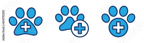 Animal and Pet hospital or clinic icons vector. Veterinary hospital, dog and cat paw print with red cross icon symbol. Medical care vector illustration