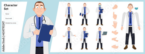 Illustration of male nhs medical doctor, wearing white outfit in a set of multiple poses. Easy to edit with editable line strokes and isolated on white background. Suitable for animation.