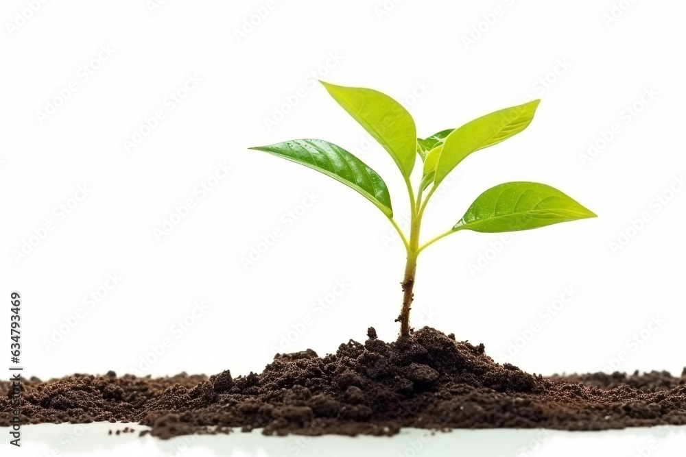 Little plant and soil on white background.Generative Ai. Little plant and soil on white background.Generative Ai.