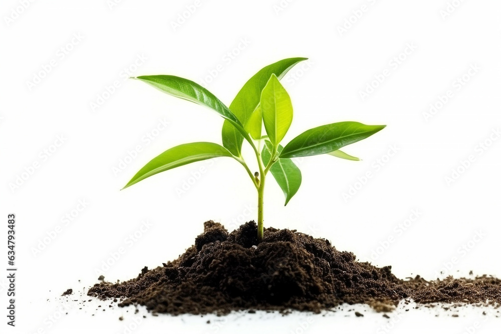 Little plant and soil on white background.Generative Ai. Little plant and soil on white background.Generative Ai.