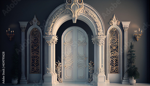  A medieval inspired white royal entrance,  interior of the church of the holy sepulcher, entrance to the mosque, Ai generated image 