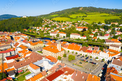 Aerial view of the historic center of Susice. The city was built in the Middle Ages around the gold-bearing river Otava. photo