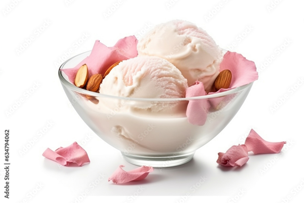 Rose ice cream almonds and rose petals isolated on white background.Generative Ai. Rose ice cream almonds and rose petals isolated on white background.Generative Ai.