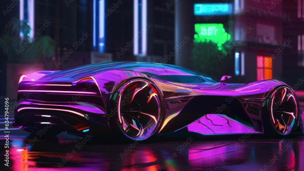 Futuristic concept car in ambient neon lighting