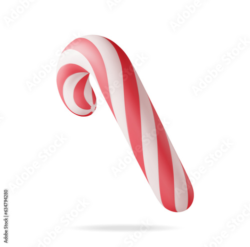 3D Realistic Candy Cane Isolated. Render Christmas Candy. Lollipop Stick Sweetness Candycane. Happy New Year Decoration. Merry Christmas Holiday. New Year and Xmas Celebration. Vector Illustration