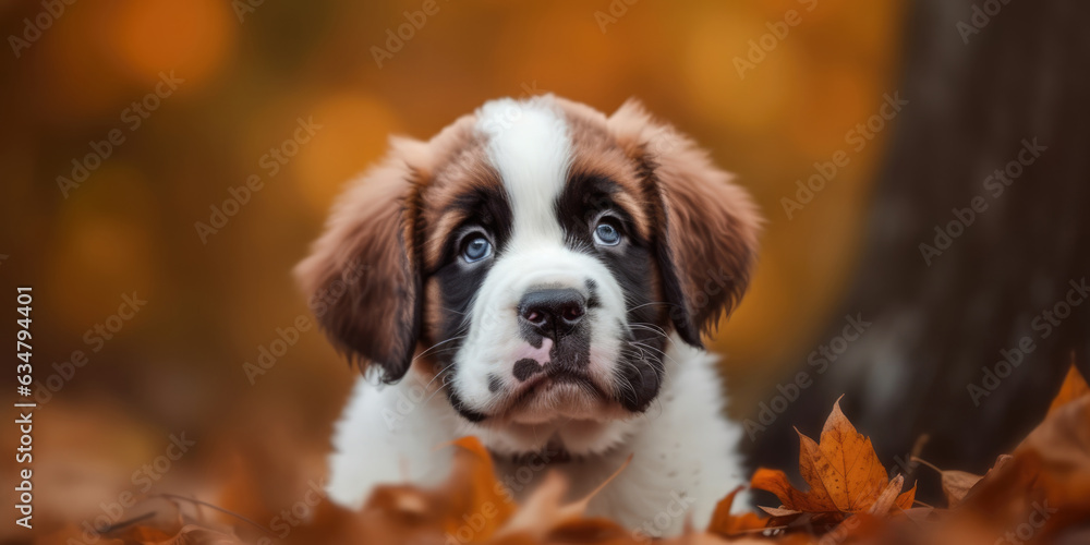 Sad Puppy. Portrait of a Saint Bernard Puppy. Cute Saint Bernard Dog in fallen leaves in Autumn forest or park Sad Puppy. Portrait of a Saint Bernard Puppy. Cute Saint Bernard Dog in fallen leaves in Autumn forest or park