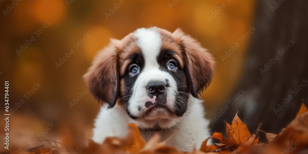 Sad Puppy. Portrait of a Saint Bernard Puppy. Cute Saint Bernard Dog in fallen leaves in Autumn forest or park