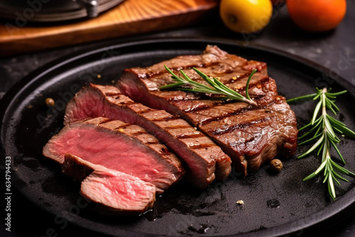 Grilled beef steak with seasoning and vegetables