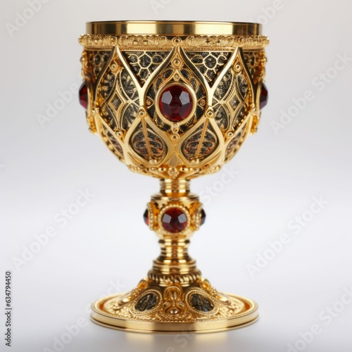 Ancient Bejeweled Royal Goblet Gold Chalice Isolated on White Background photo