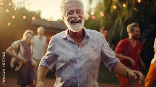 group of lgbtq friend celebrate party relax carefree dancing with happiness and leisure in the garden park home sunset moment,old man friend cheering free summer party lifestyle together,ai generate