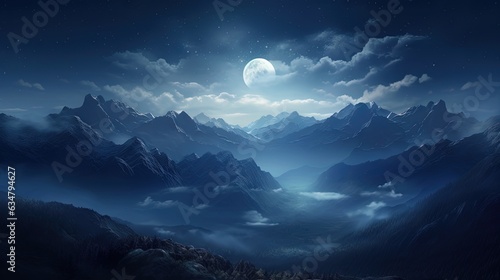  a painting of a mountain range with a full moon in the sky.  generative ai © Olga