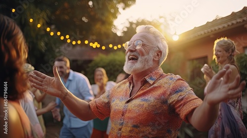 group of lgbtq friend celebrate party relax carefree dancing with happiness and leisure in the garden park home sunset moment,old man friend cheering free summer party lifestyle together,ai generate photo