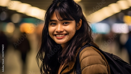 teenager girl or young adult asian, fictional place, in the underground or tunnel or subway with a thick jacket and school bag or backpack, evening or morning, on the way as a commuter