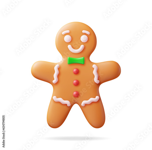 3D Holiday Gingerbread Man Cookie. Render Cookie in Shape of Man with Colored Icing. Happy New Year Decoration. Merry Christmas Holiday. New Year and Xmas Celebration. Realistic Vector illustration