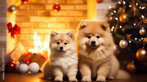 lovely dog pet animal stay happiness in a house with christmas celebrate decoration fullfill with fireplace lighting bokeh and christmas tree with decoate background,ai generate