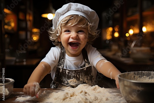 Cooking is fun for kids .Little chef playing with doughwith a happy expression