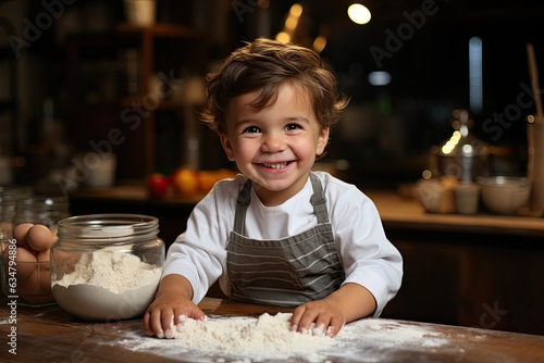smiling little chef boy cook with hands in the dough