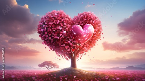 Photo of a stunning pink heart-shaped tree standing alone in a vast field created with Generative AI technology