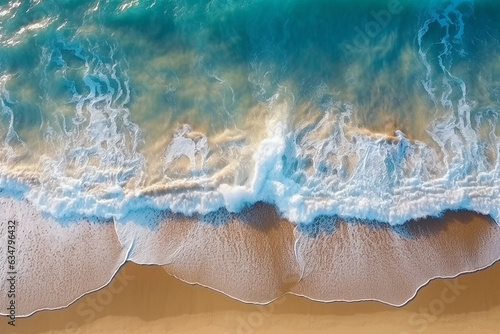 Blue ocean waves on clean sandy beach with sunshine.Generative Ai.