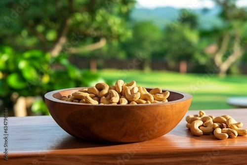 Cashew nuts in the wooden bowl with garden background.Generative Ai.