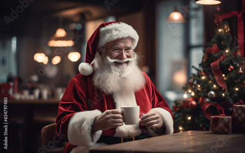 Happy Santa Claus taking a break and having a hot drink inside a home decorated for Christmas