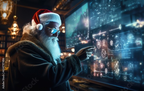 Santa Claus carefully analyzing a screen with global charts and seasonal trends photo