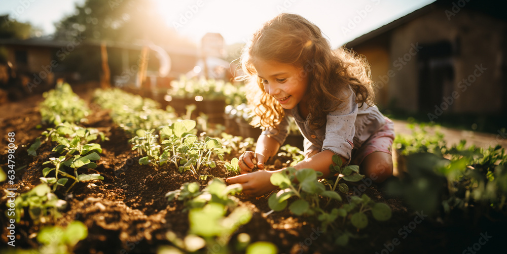 a little girl plants vegetables in the family garden at sunset - obrazy, fototapety, plakaty 