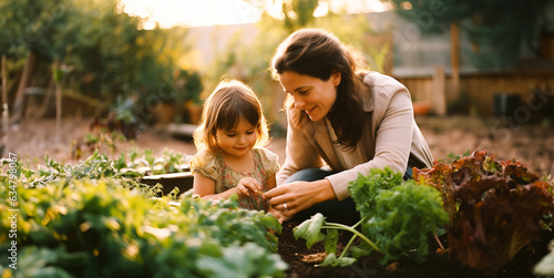 a mother and her little daughter plant vegetables in the family garden at sunset